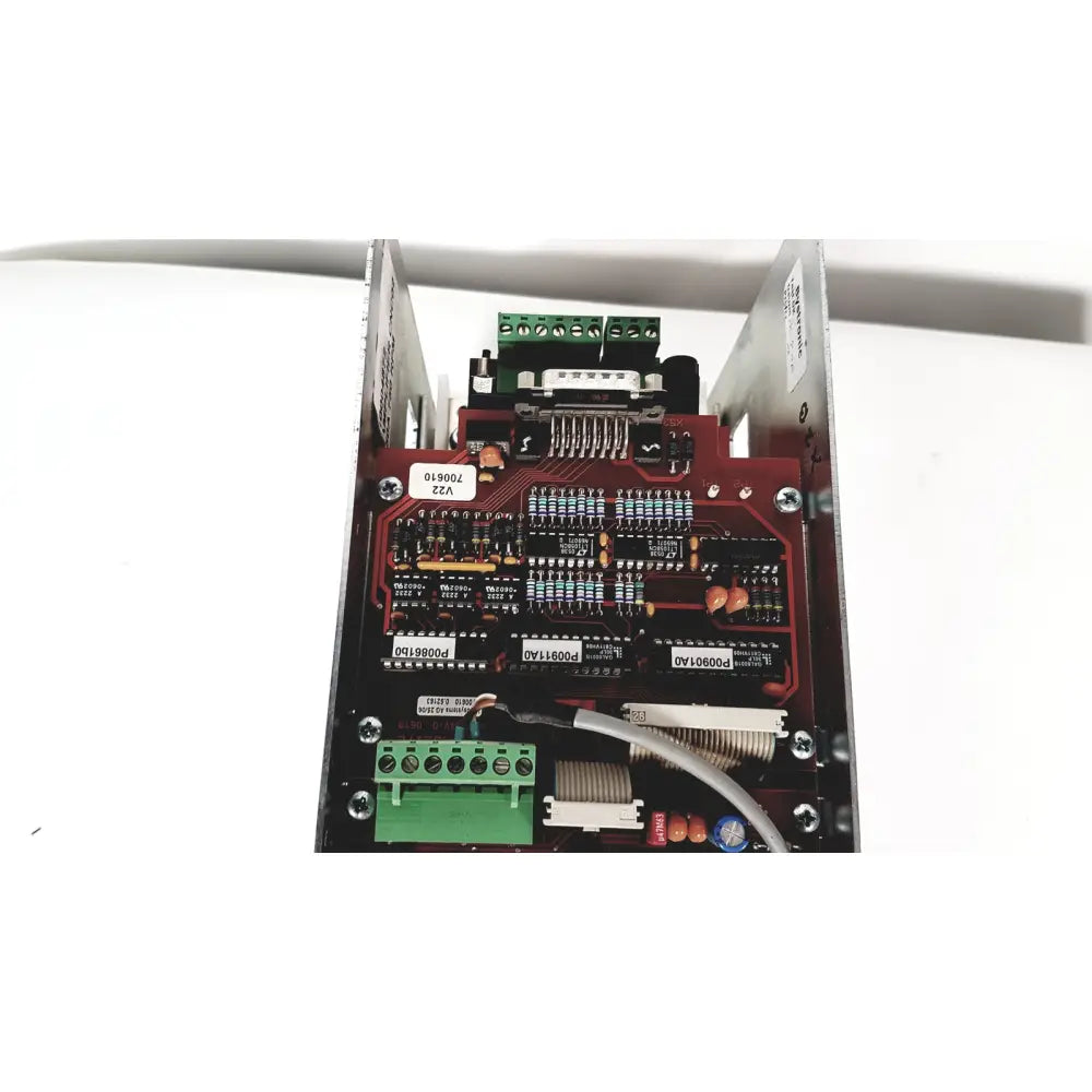 Red circuit board with green terminal blocks and black integrated circuits of bystronic amplifier cnc02 50a 750 rpm