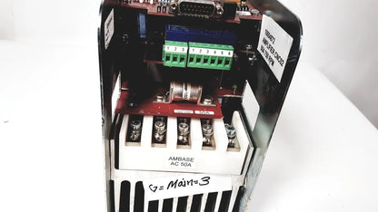Black industrial amplifier cnc02 50a with green terminal blocks and red circuit board internals bystronic 1004872