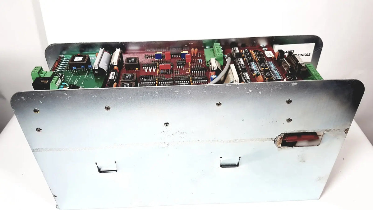 Industrial-grade metal enclosure housing red and green circuit board assembly for Bystronic amplifier cnc02 50a product