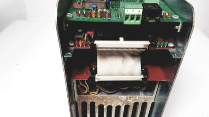 Open-faced bystronic amplifier cnc02 50a with green circuit board red and beige components in metallic housing