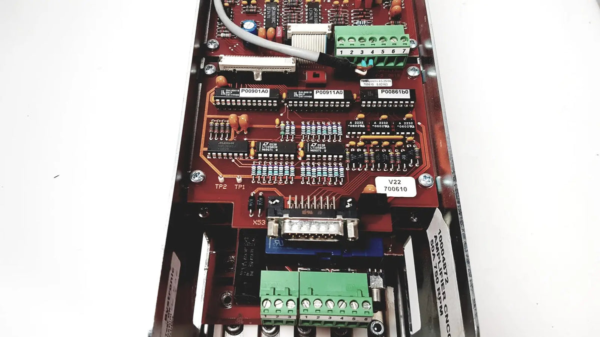 Red circuit board with green terminal blocks and black integrated circuits for bystronic amplifier cnc02 50a model