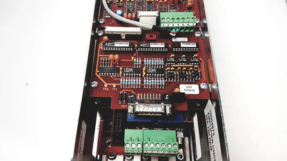 Red circuit board with green terminal blocks and black integrated circuits for bystronic amplifier cnc02 50a model