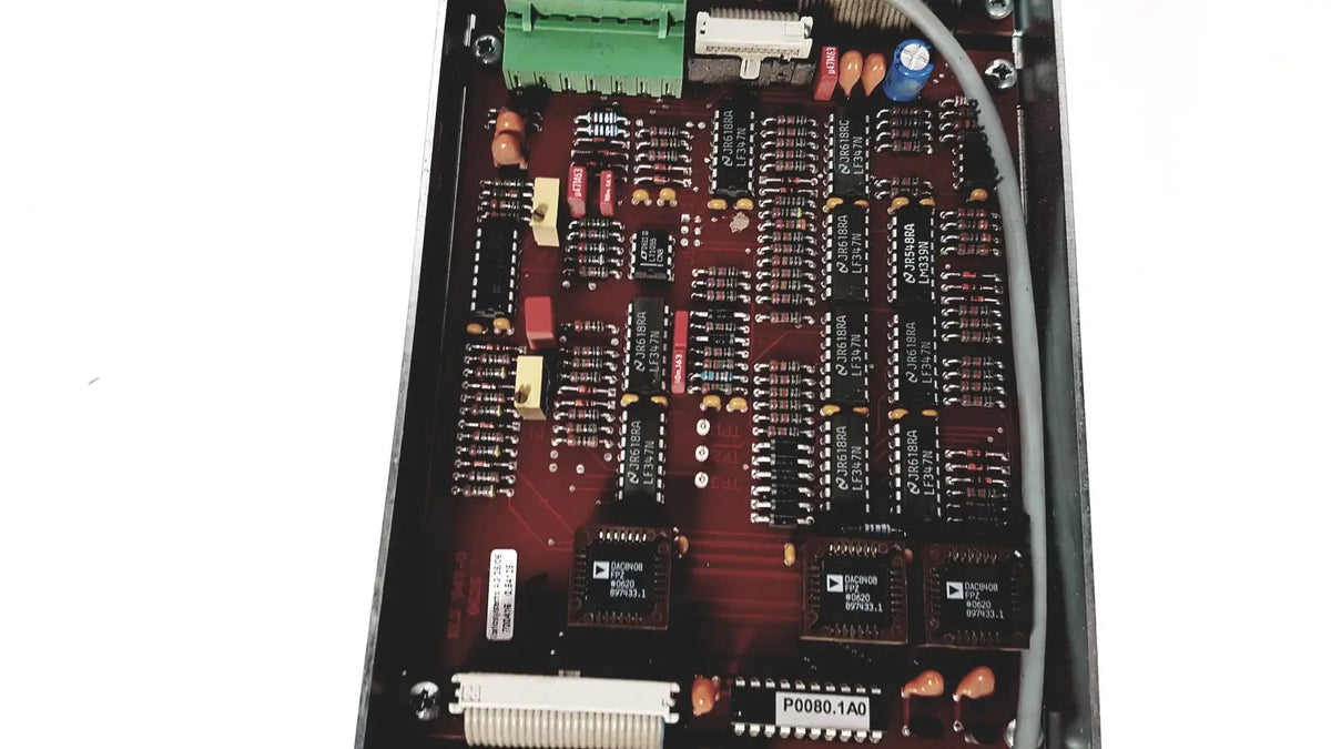 Red printed circuit board with black integrated circuits and capacitors for bystronic amplifier cnc02 50a 750 rpm