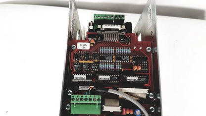 Red circuit board with green terminal blocks and black integrated circuits of bystronic amplifier cnc02 50a 750 rpm