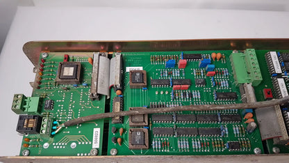 Green printed circuit board with electronic components of bystronic 702116-a amplifier ac 100 a 2000 rpm