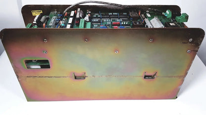 Industrial-grade metal enclosure of bystronic 702116-a amplifier with weathered iridescent finish and visible internal circuitry