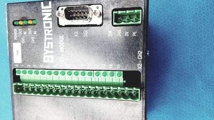 Black bystronic modul input output with green terminal blocks and db9 serial port for industrial control use