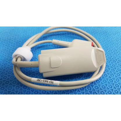 Beige medical ecg lead with white plastic connector and coiled cable for adult spo2 pulse oximeter s403-1250 sensor