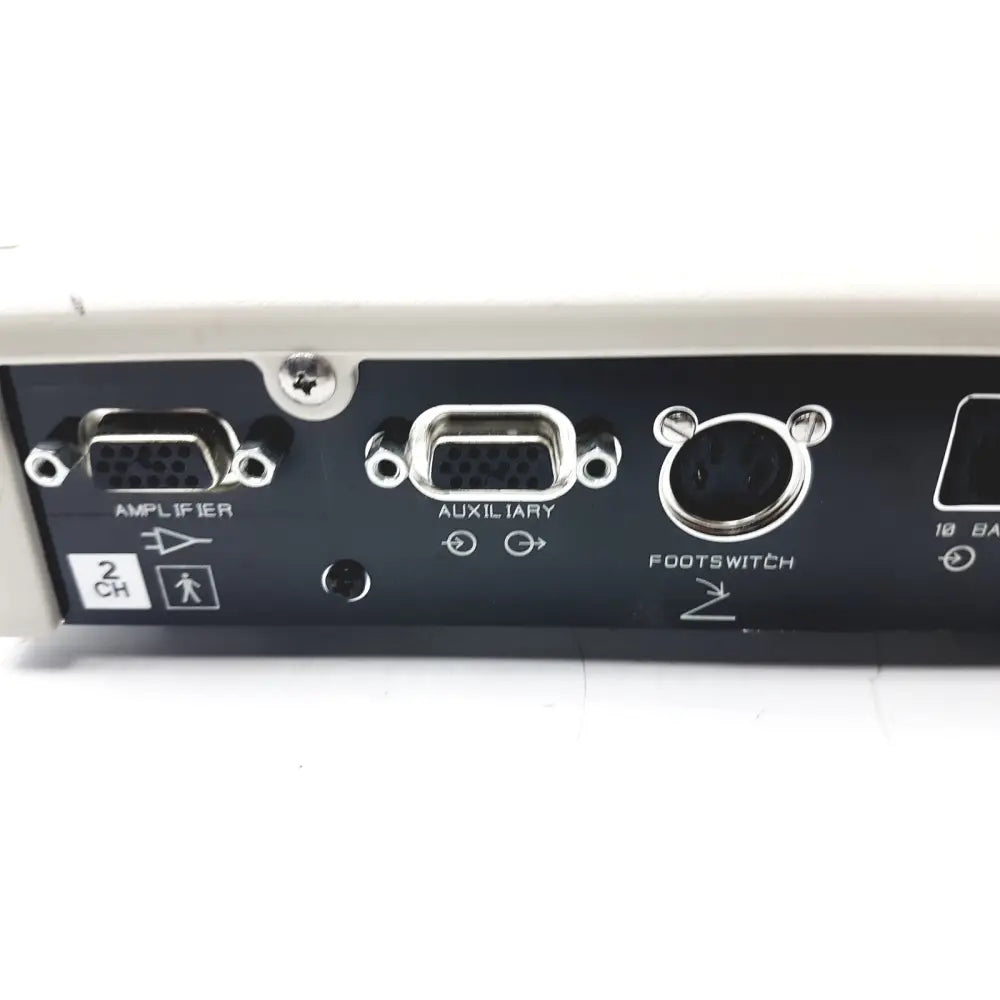 Black audio interface panel with silver xlr din and rca connectors on the back of cadwell sierra ii wave channels base station