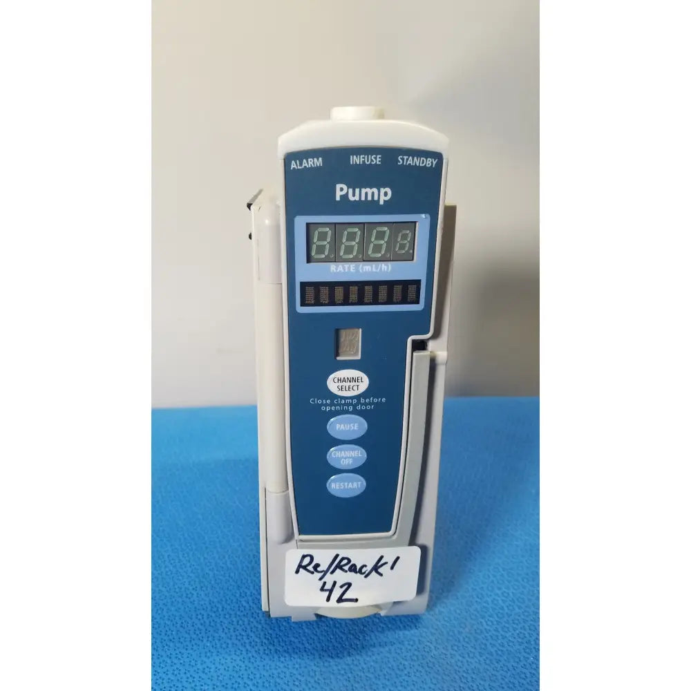 Blue and white Cardinal Health Alaris pump 8100 series infusion pump with digital display showing 8.8.8