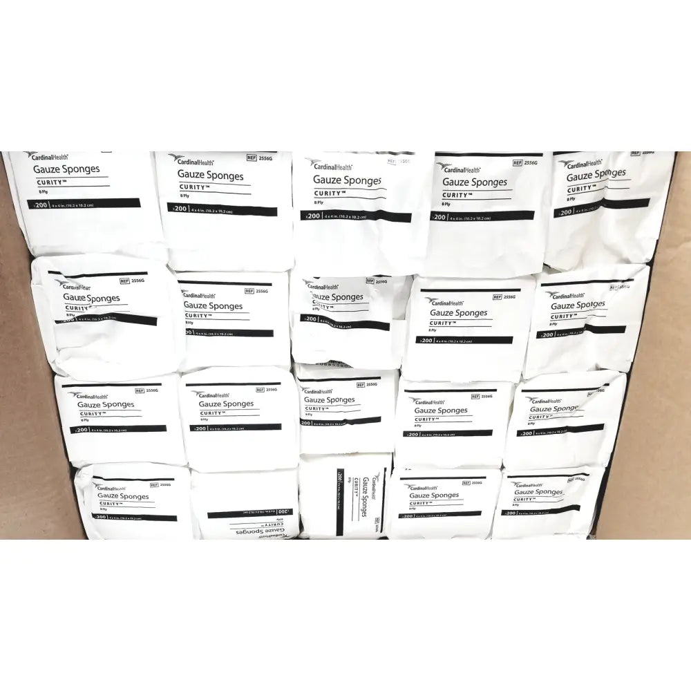 White paper packets of cardinal health curity health curity gauze sponges 2556g in a case of 20