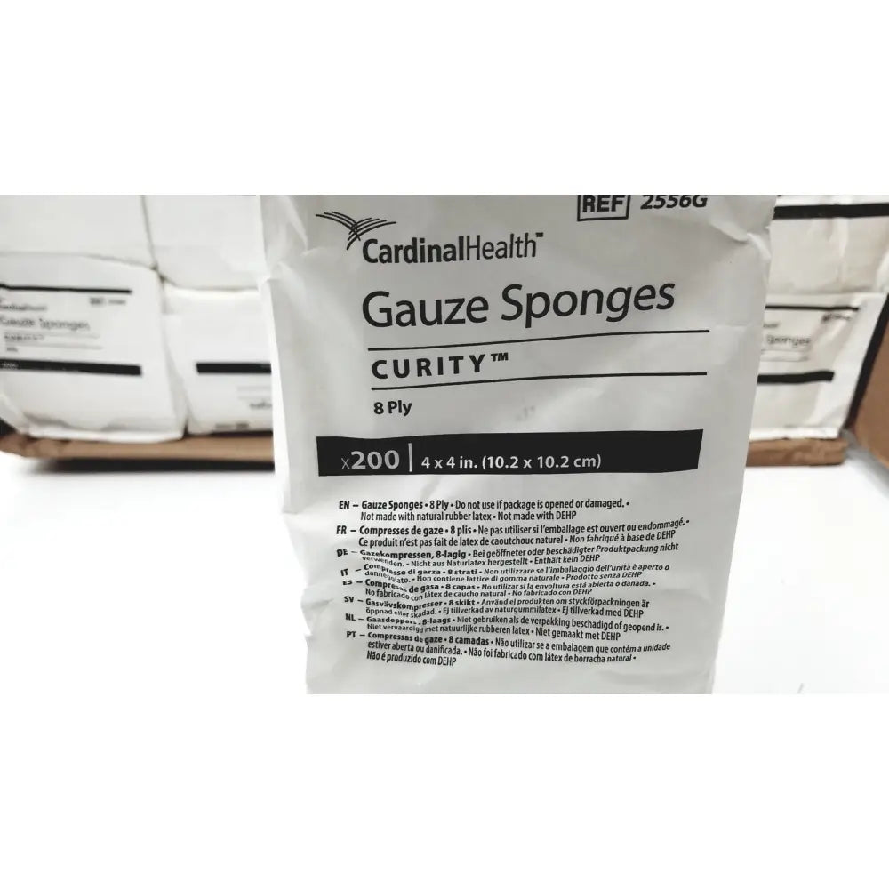 White plastic package of cardinal health curity sponges 2556g contains 200 8-ply health curity gauze sponges 4x4 inches