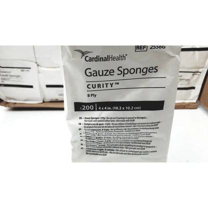 White plastic package of cardinal health curity sponges 2556g contains 200 8-ply health curity gauze sponges 4x4 inches