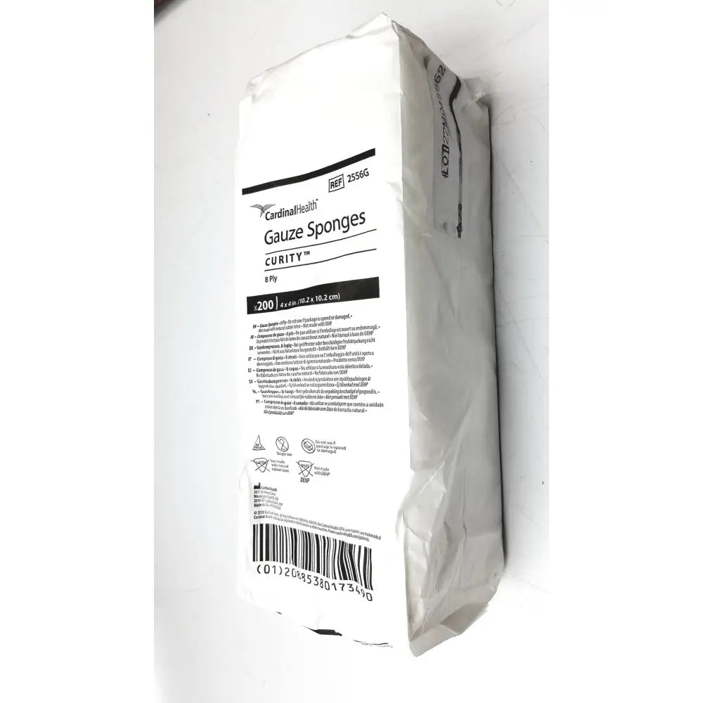 White cardboard package of cardinal health curity gauze sponges 2556g 200 count 8 ply for medical use