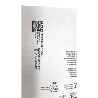White paper label on the back of cardinal health gauze pads 3381g with black text barcode and product symbols