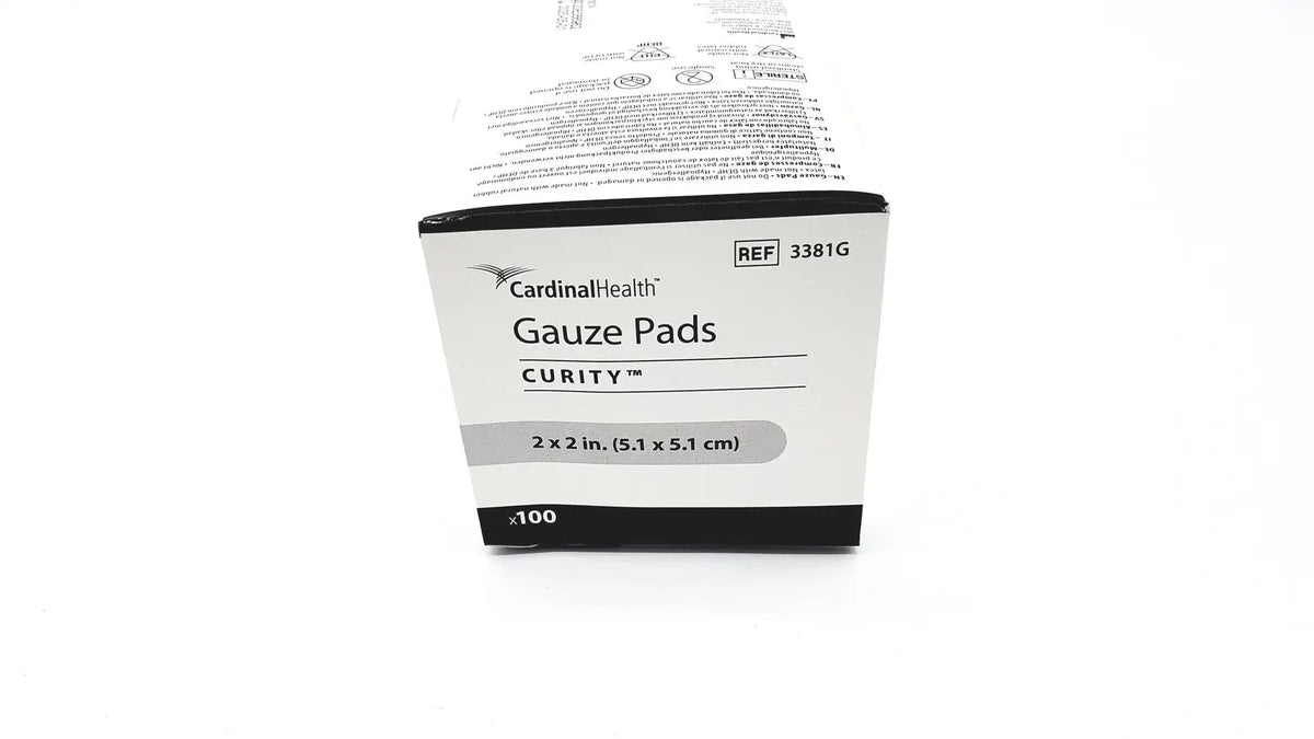 White and black cardboard box of cardinal health gauze pads 3381g 2x2 inch sterile health gauze pads 100 units