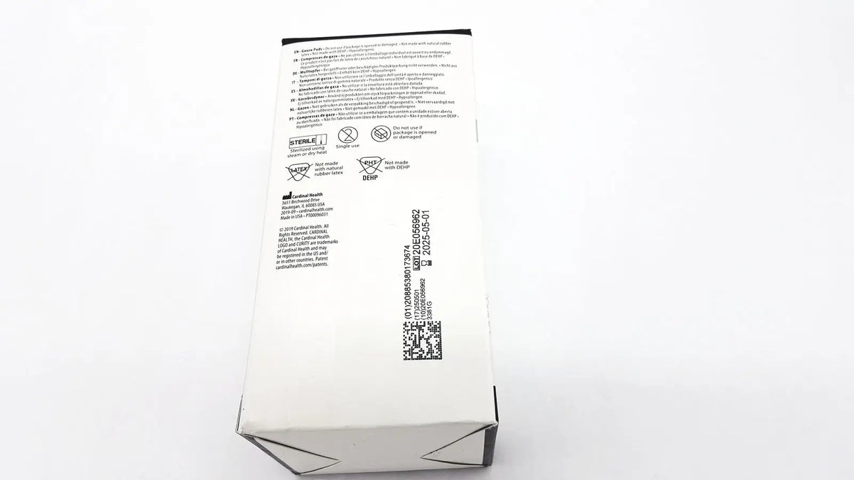 White paper packaging with black text for cardinal health gauze pads 3381g showing health gauze pads details