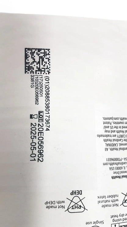 White paper label on the back of cardinal health gauze pads 3381g with black text barcode and product symbols
