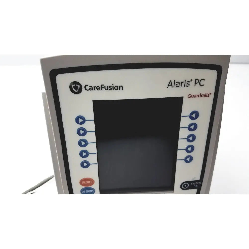 Gray cardinal health carefusion alaris pc infusion pump with black screen and blue buttons from guardrails suite reuse medical