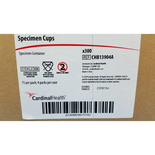 White cardboard box of cardinal health specimen cups chb13904a containing 300 sterile 120ml health specimen cups