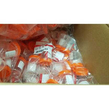 Orange plastic cardinal health specimen cup chb13904a 120ml with clear body and white label in transparent bag