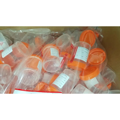 Clear plastic cardinal health specimen cup chb13904a with bright orange lids and white labeling stickers 120ml capacity