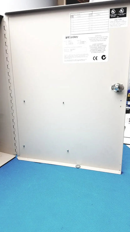 Gray metal safety cabinet with lock and label for cardkey s300-xl access control panel controller installation
