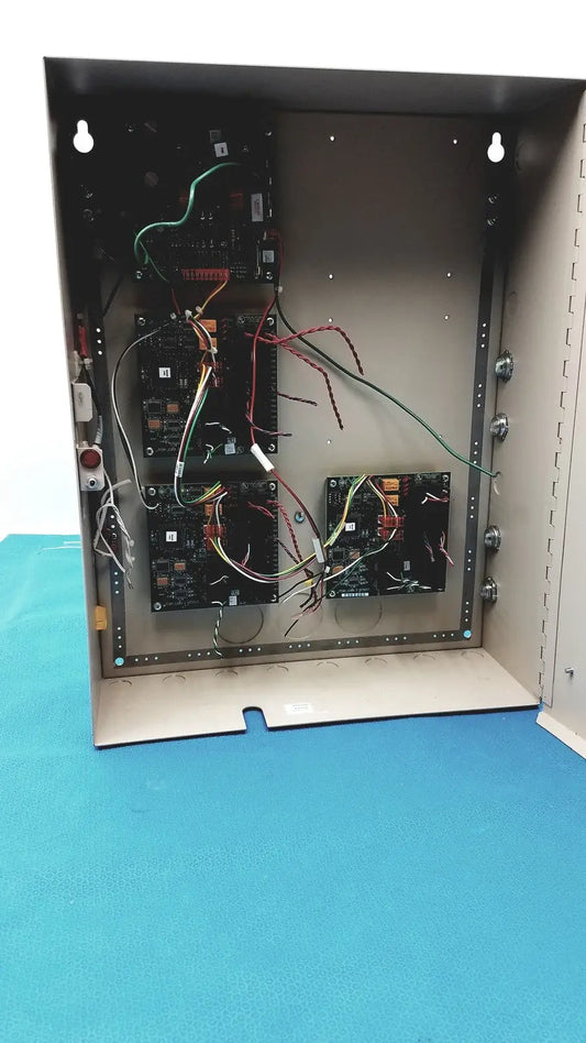 Metal access control panel s300-xl control panel controller with multiple circuit boards and colored internal wiring
