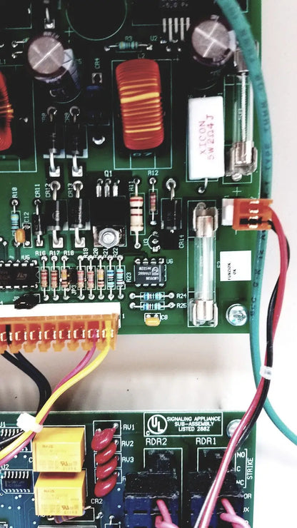 Green circuit board with capacitors resistors and red inductor for s300-xl access control panel controller cardkey