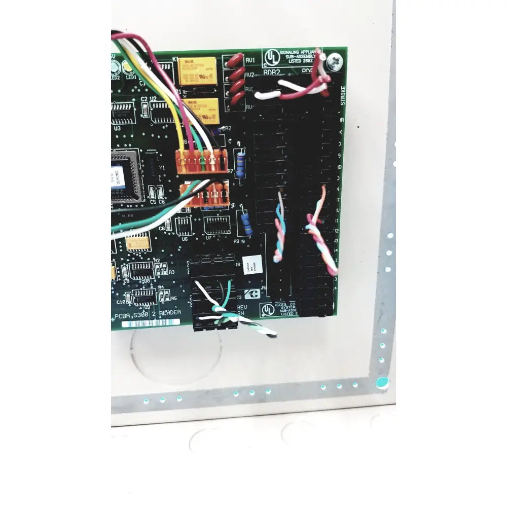 Green printed circuit board with multicolored wires of cardkey s300-xl access control panel controller