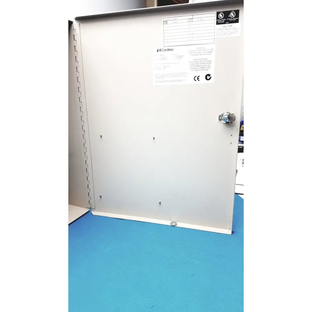 Gray metal safety cabinet with lock and label for cardkey s300-xl access control panel controller installation