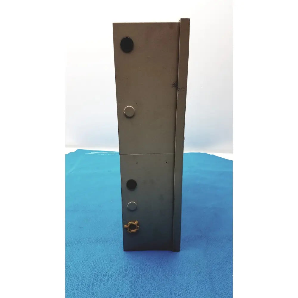 Dark gray metal access control panel controller s300-xl with circular cutouts and orange gear component at the bottom