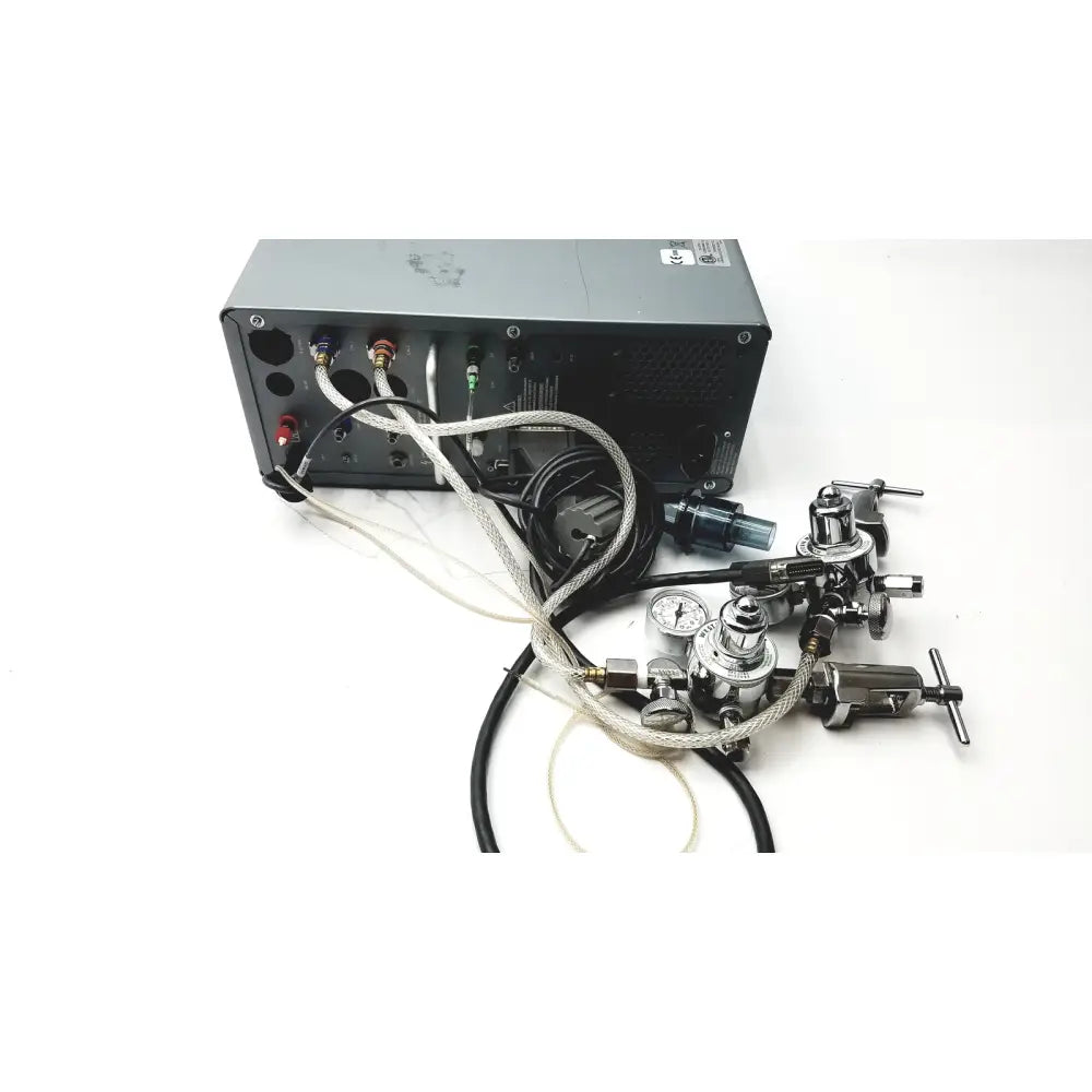 Silver metallic medical gas regulator assembly with chrome valves and gauges for carefusion vmax encore analyzer