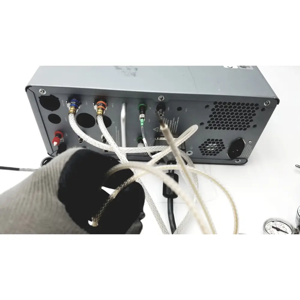 Gray metal carefusion vmax encore analyzer back with multiple colored connectors and braided cables for gas regulation