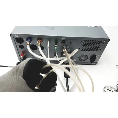 Gray metal carefusion vmax encore analyzer back with multiple colored connectors and braided cables for gas regulation