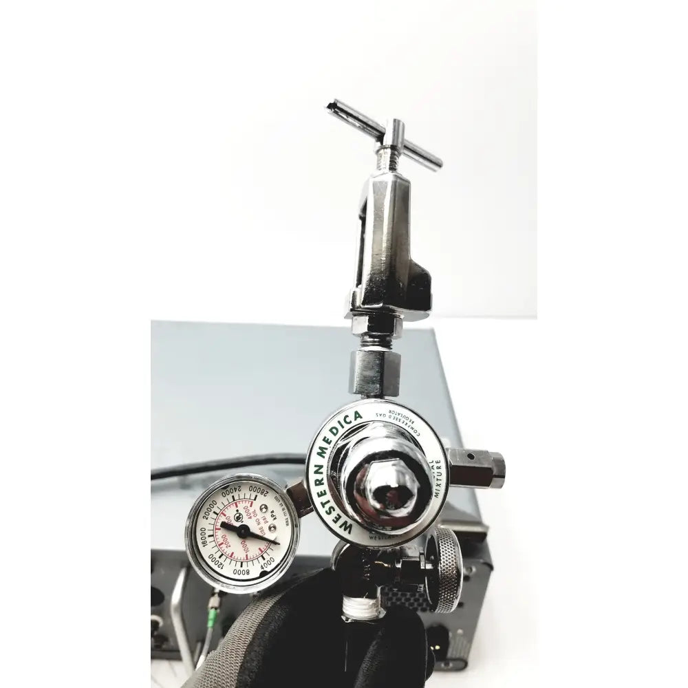Shiny chrome-plated western medical oxygen regulator with dual gauges and t-handle valve for carefusion vmax encore analyzer