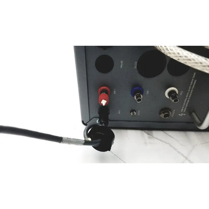Black carefusion vmax encore analyzer back panel with red blue and white connectors and western medical gas regulators