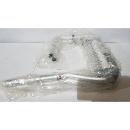 Silver-colored metal handlebar of carex toilet safety frame wrapped in clear plastic showing adjustable support rail