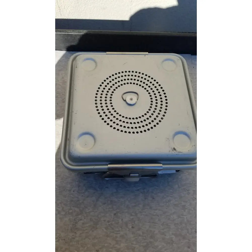 White rectangular case medical half size sterilization case with circular perforated grille and metallic latch