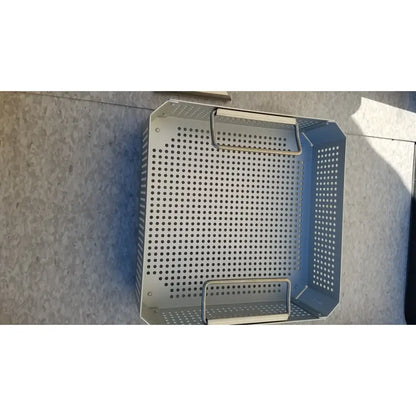 Silver perforated metal grill basket with handles for case medical half size sterilization case and lid