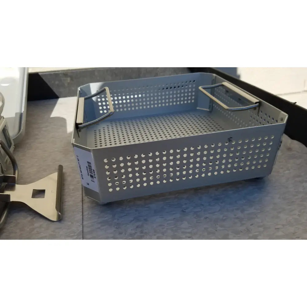 Gray perforated metal case medical half size sterilization basket with reinforced handles for medical half size sterilization