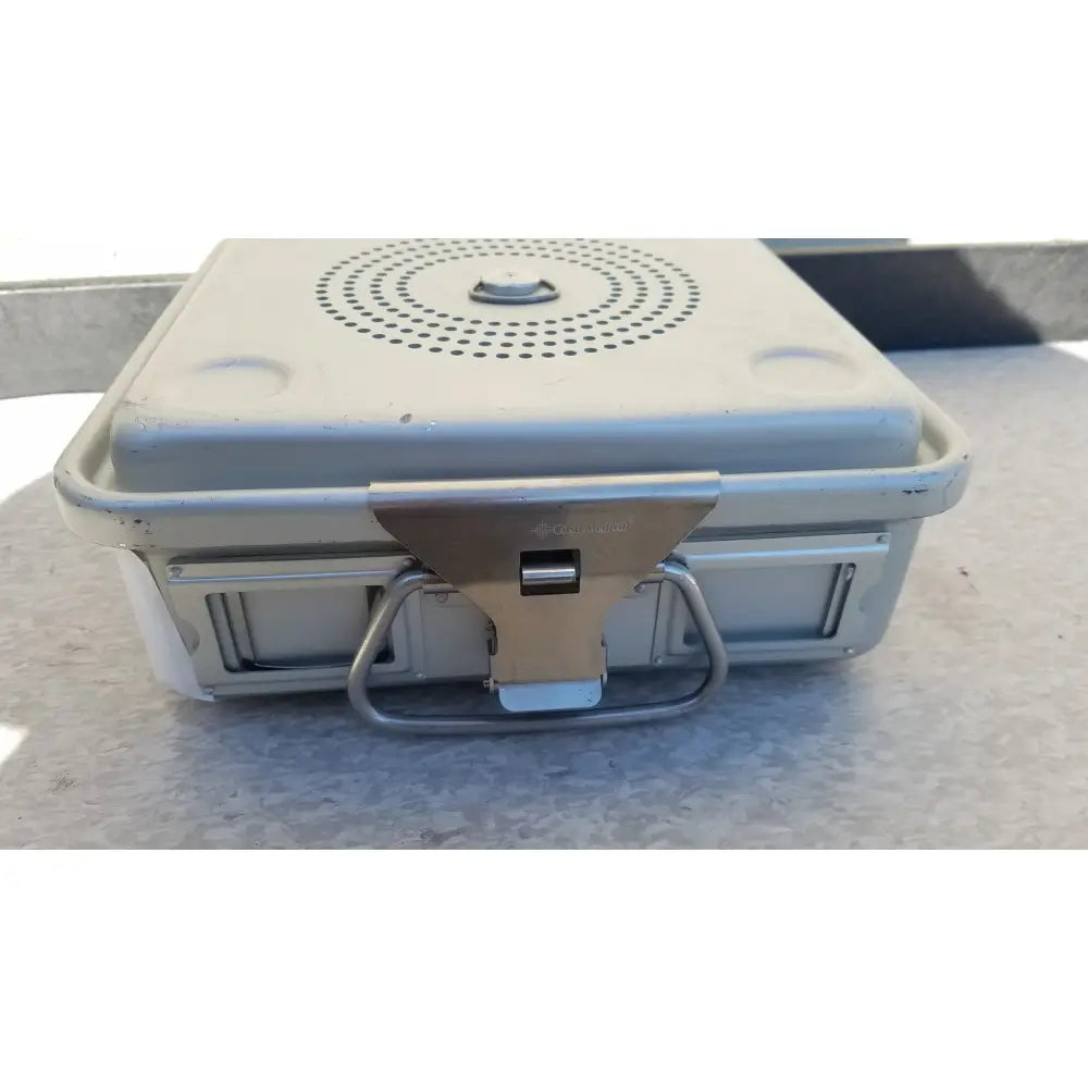 Silver metallic case medical half size sterilization case with perforated lid and sturdy handle for medical use