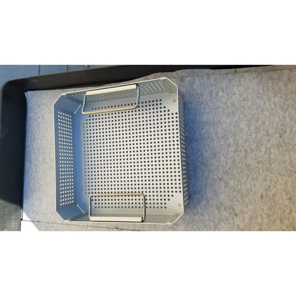 Silver perforated metal grill basket with two handles for case medical half size sterilization use