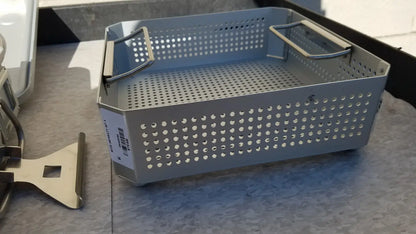 Gray perforated metal case medical half size sterilization basket with reinforced handles for medical half size sterilization