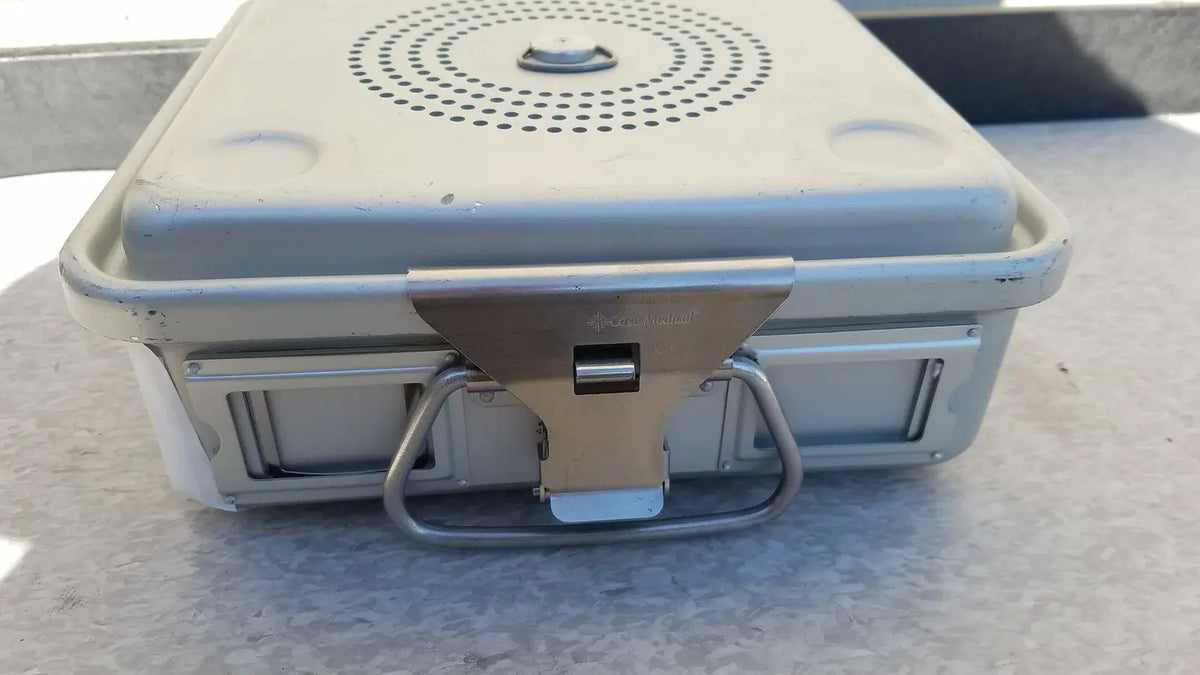 Silver metallic case medical half size sterilization case with perforated lid and sturdy handle for medical use