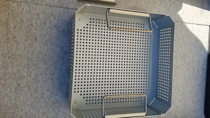 Silver perforated metal grill basket with handles for case medical half size sterilization case and lid