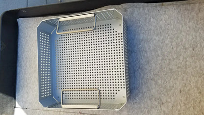 Silver perforated metal grill basket with two handles for case medical half size sterilization use