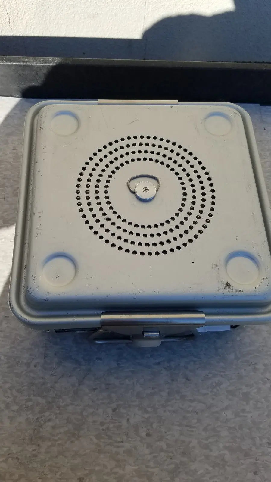 White rectangular case medical half size sterilization case with circular perforated grille and metallic latch