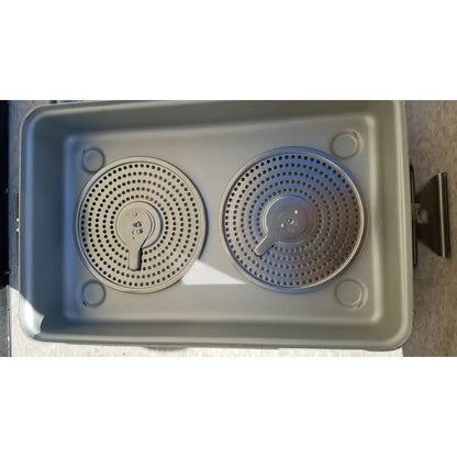 Gray plastic case medical karl storage and sterilization container with two circular perforated metal heating elements