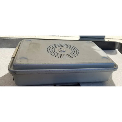 Gray plastic case medical karl storz storage and sterilization container with circular perforated lid and metal latch